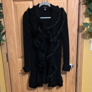 Stylish Long Sweater Cardigan With Faux Fur Ruffles, Beautiful in Like New Cond.